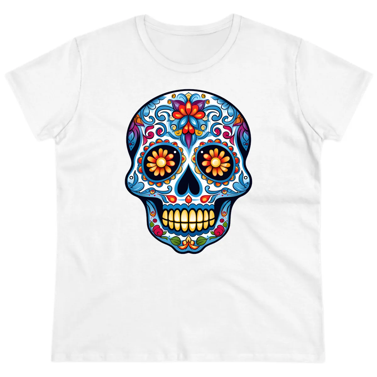 Vibrant Floral Calavera Sugar Skull Ladies Tee in White