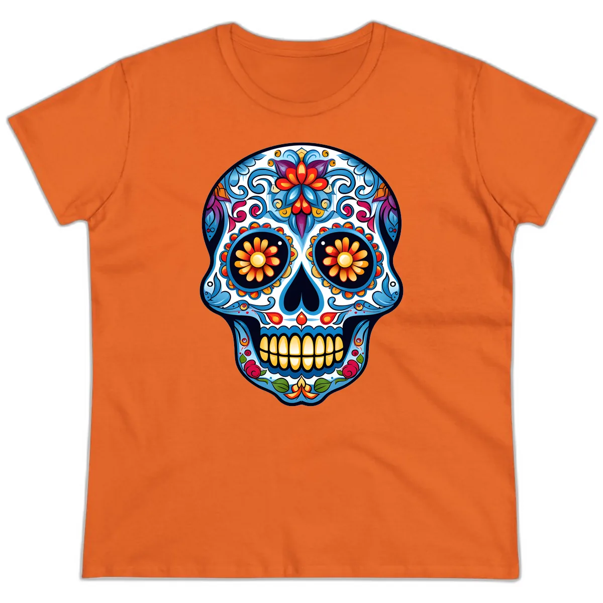 Vibrant Floral Calavera Sugar Skull Ladies Tee in Orange