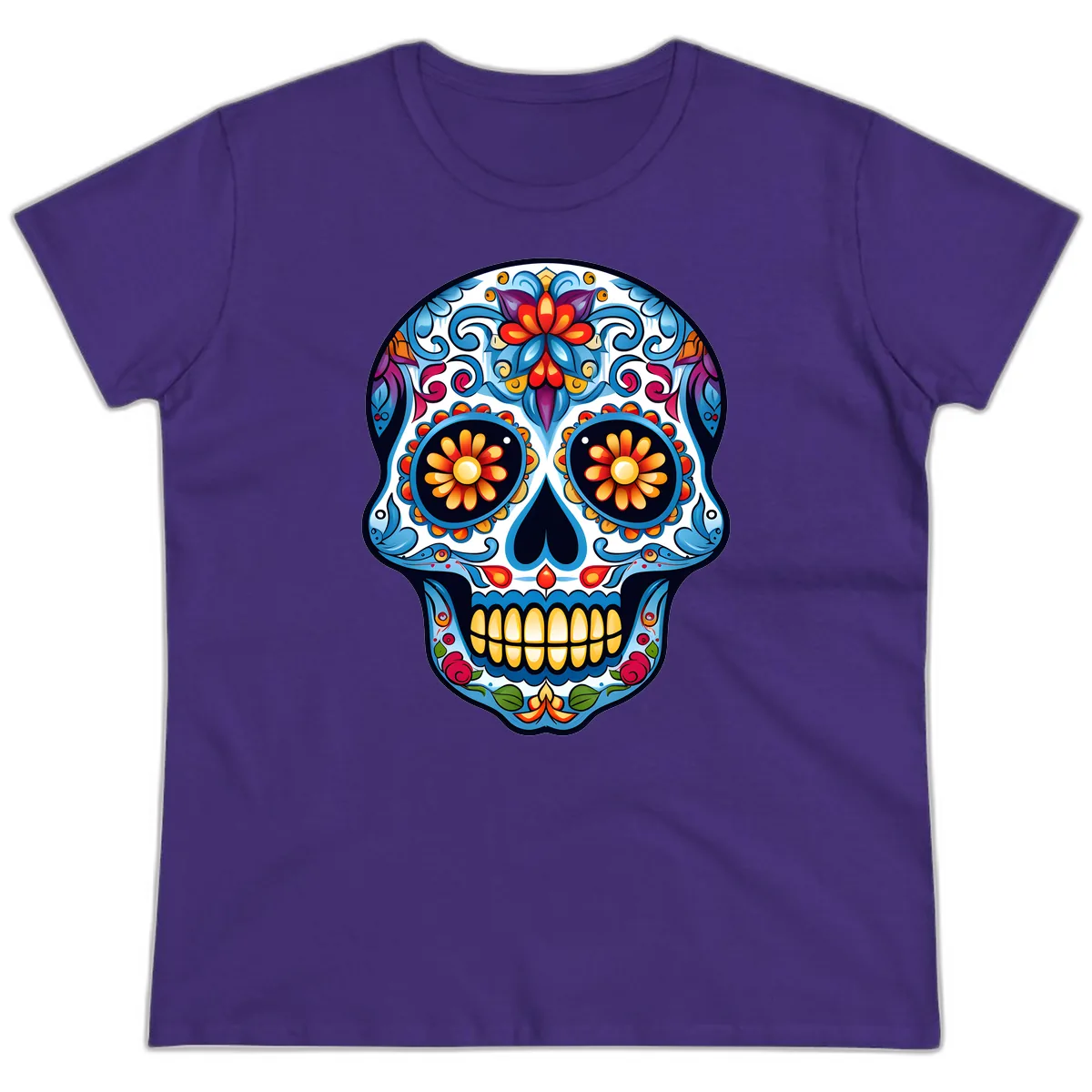 Vibrant Floral Calavera Sugar Skull Ladies Tee in Purple