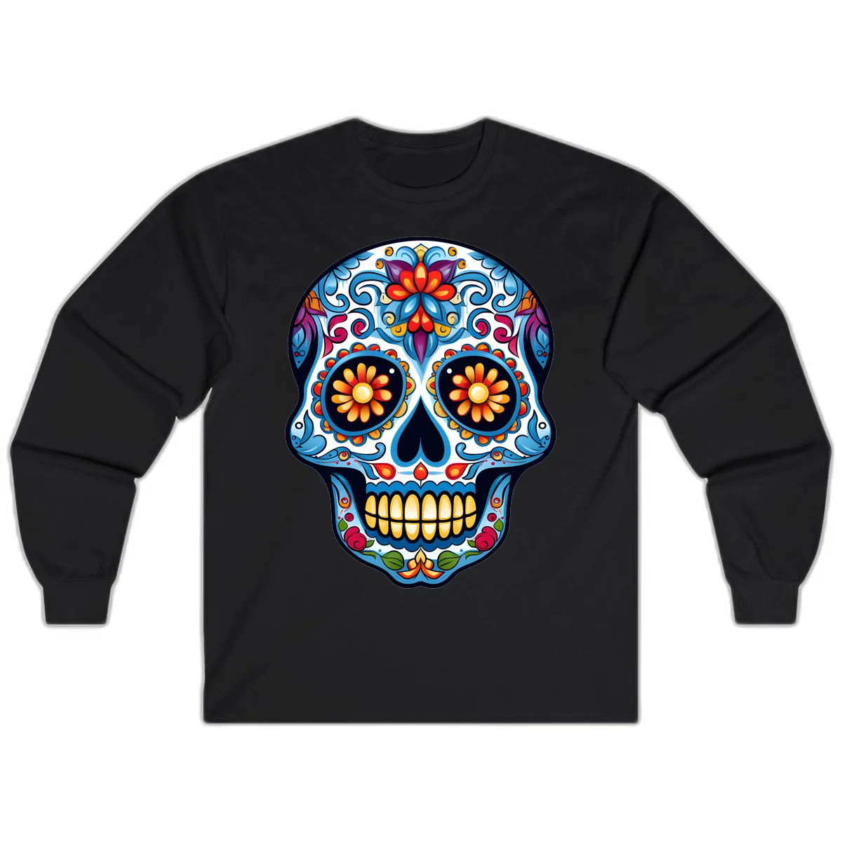 Vibrant Floral Calavera Sugar Skull Long Sleeve in Black