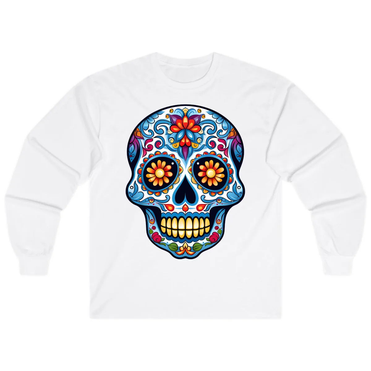 Vibrant Floral Calavera Sugar Skull Long Sleeve in White