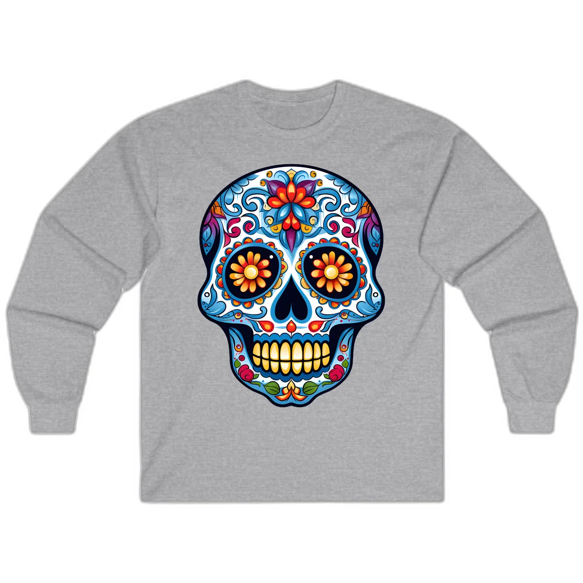 Vibrant Floral Calavera Sugar Skull Long Sleeve in Sport Grey