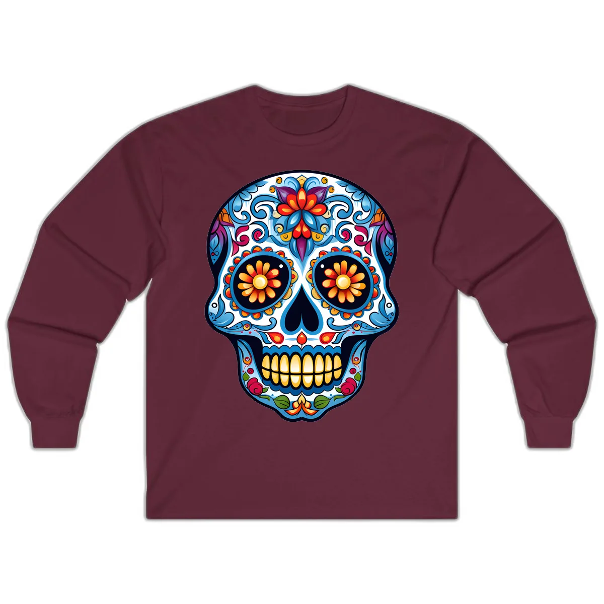 Vibrant Floral Calavera Sugar Skull Long Sleeve in Maroon