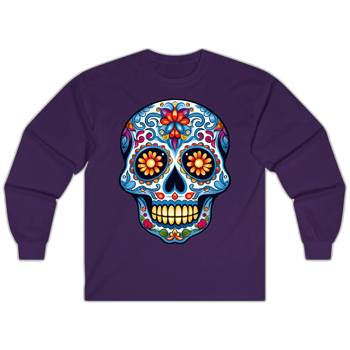 Vibrant Floral Calavera Sugar Skull Long Sleeve in Purple