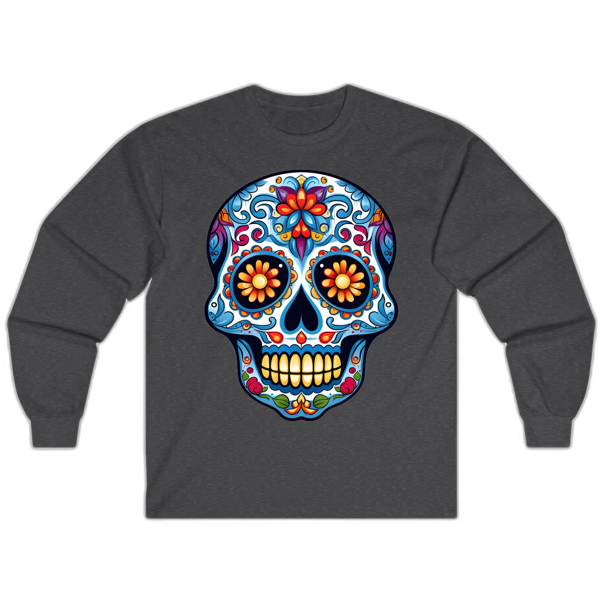 Vibrant Floral Calavera Sugar Skull Long Sleeve in Dark Heather