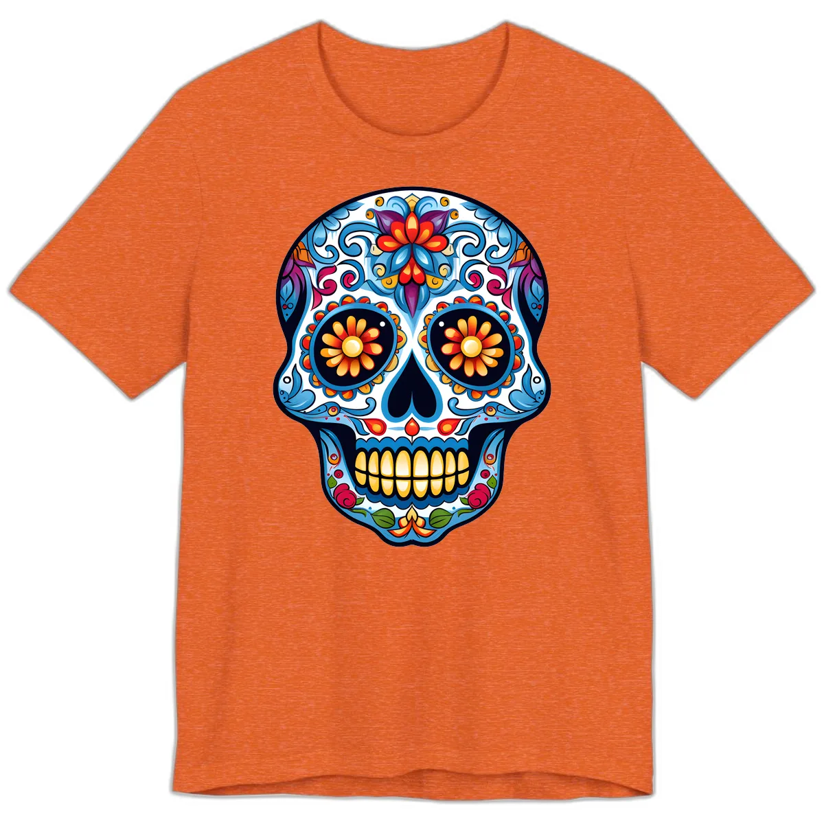 Vibrant Floral Calavera Sugar Skull Premium T-Shirt in Heather Orange