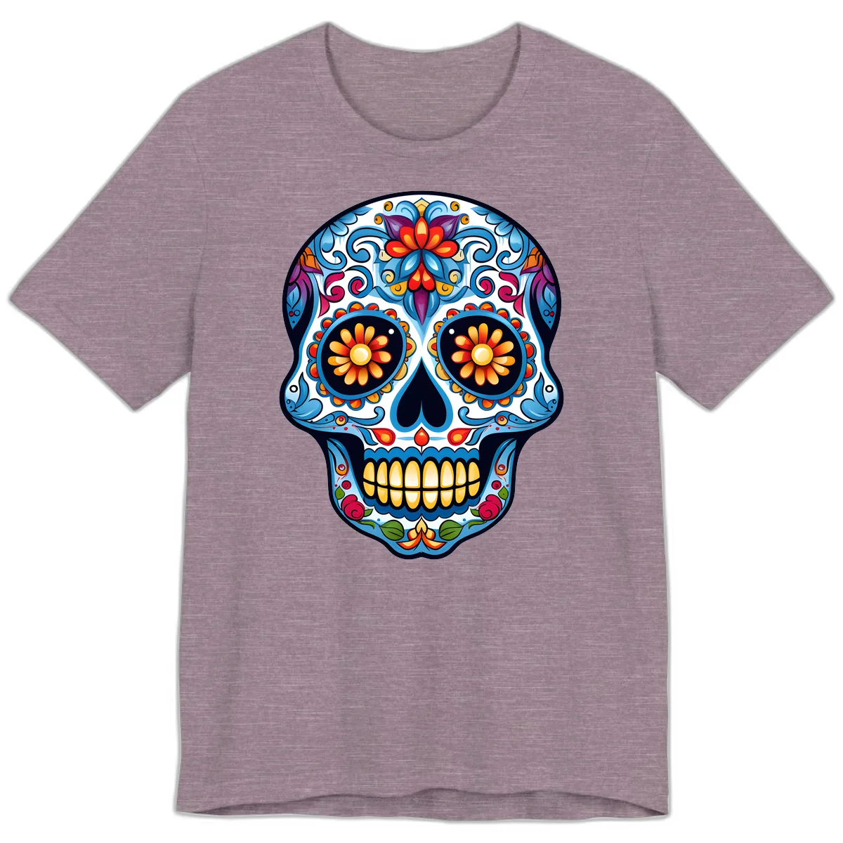 Vibrant Floral Calavera Sugar Skull Premium T-Shirt in Heather Purple