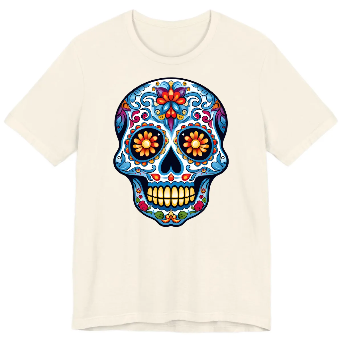 Vibrant Floral Calavera Sugar Skull Premium T-Shirt in Natural