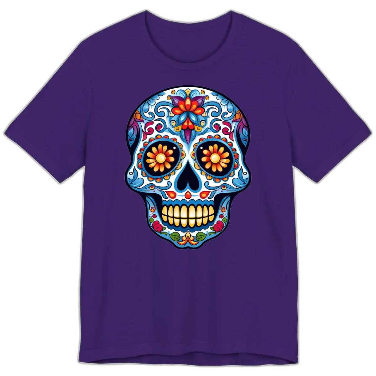 Vibrant Floral Calavera Sugar Skull Premium T-Shirt in Team Purple