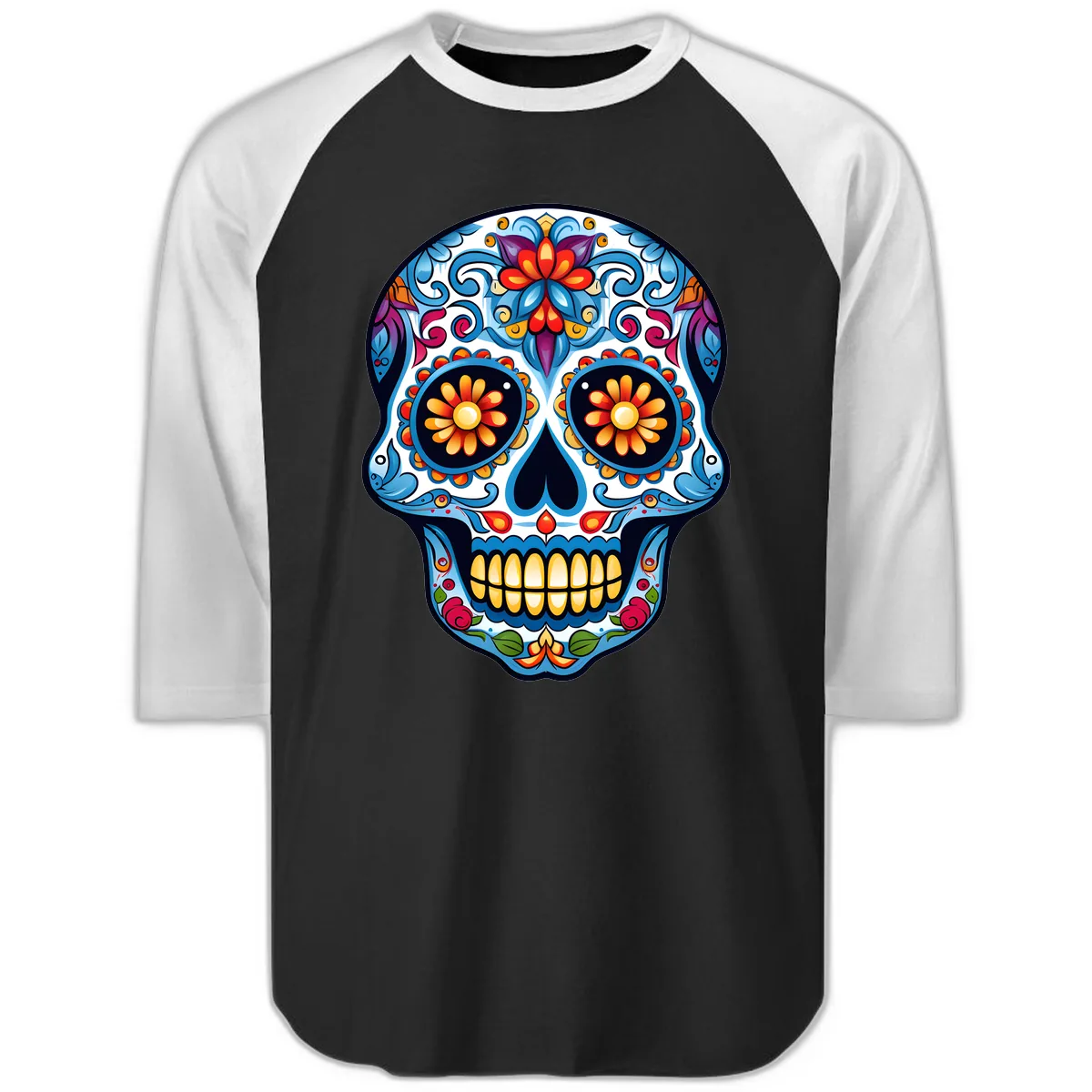 Vibrant Floral Calavera Sugar Skull Raglan 3/4 in Black White