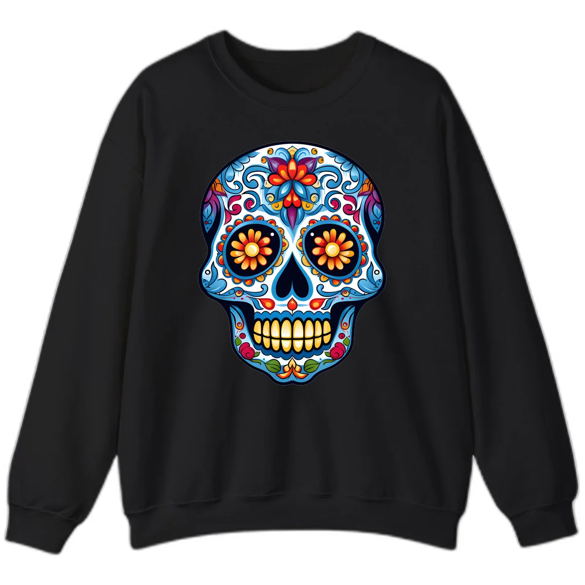Vibrant Floral Calavera Sugar Skull Sweatshirt in Black