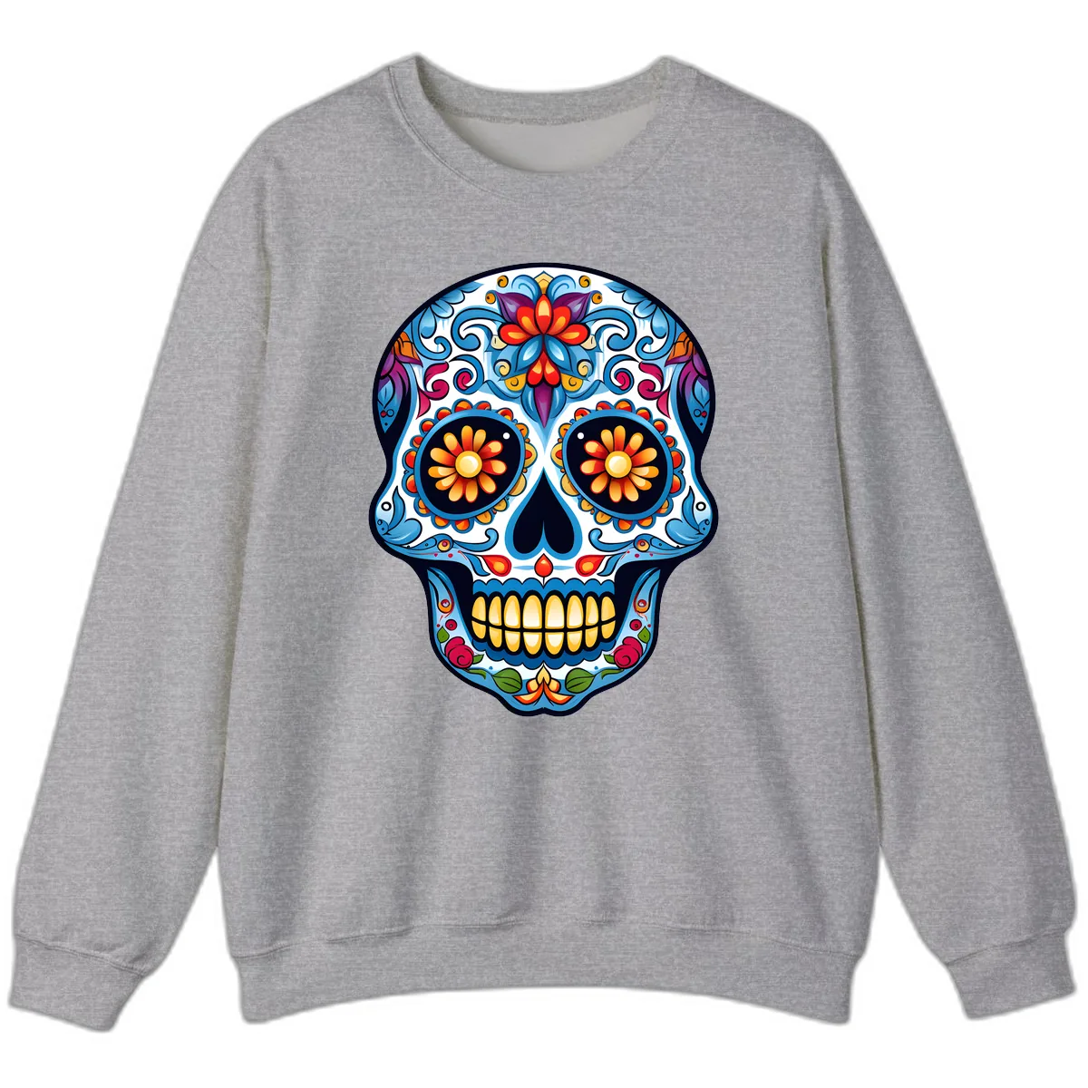 Vibrant Floral Calavera Sugar Skull Sweatshirt in Sport Grey