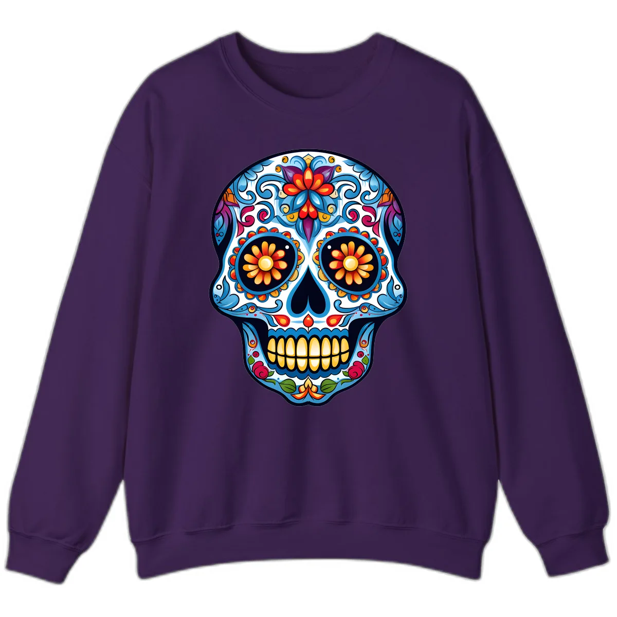 Vibrant Floral Calavera Sugar Skull Sweatshirt in Purple