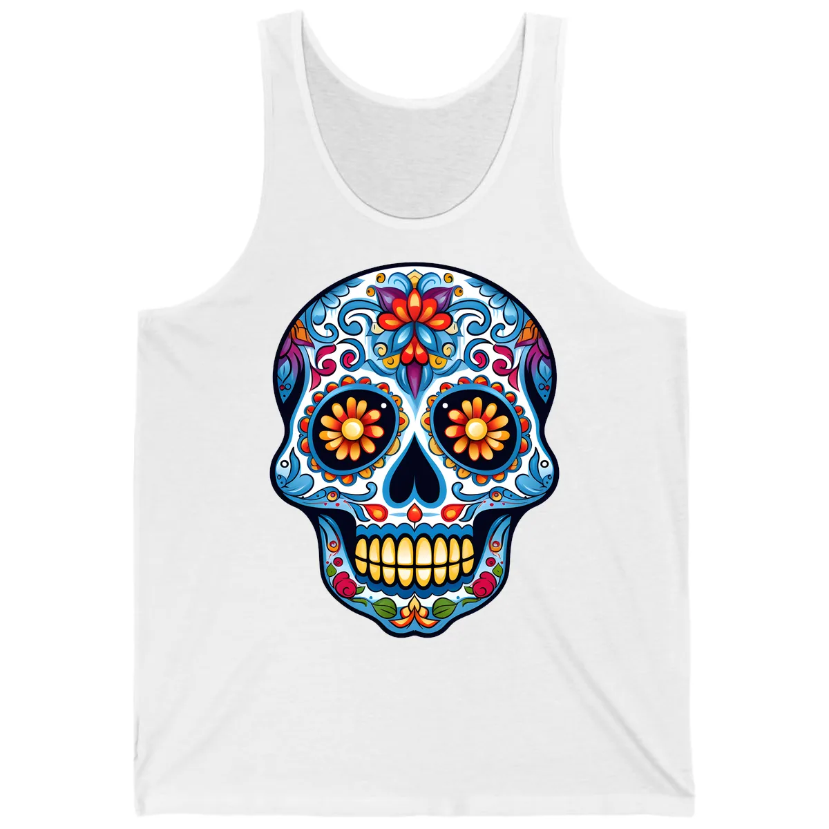 Vibrant Floral Calavera Sugar Skull Tank in White