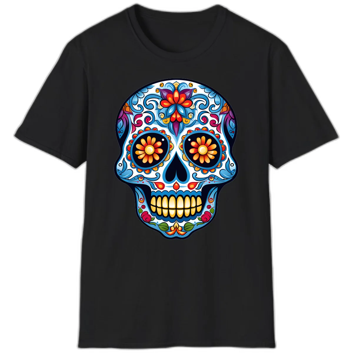 Vibrant Floral Calavera Sugar Skull T-Shirt in Black