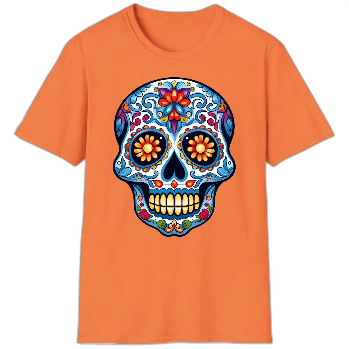 Vibrant Floral Calavera Sugar Skull T-Shirt in Heather Orange