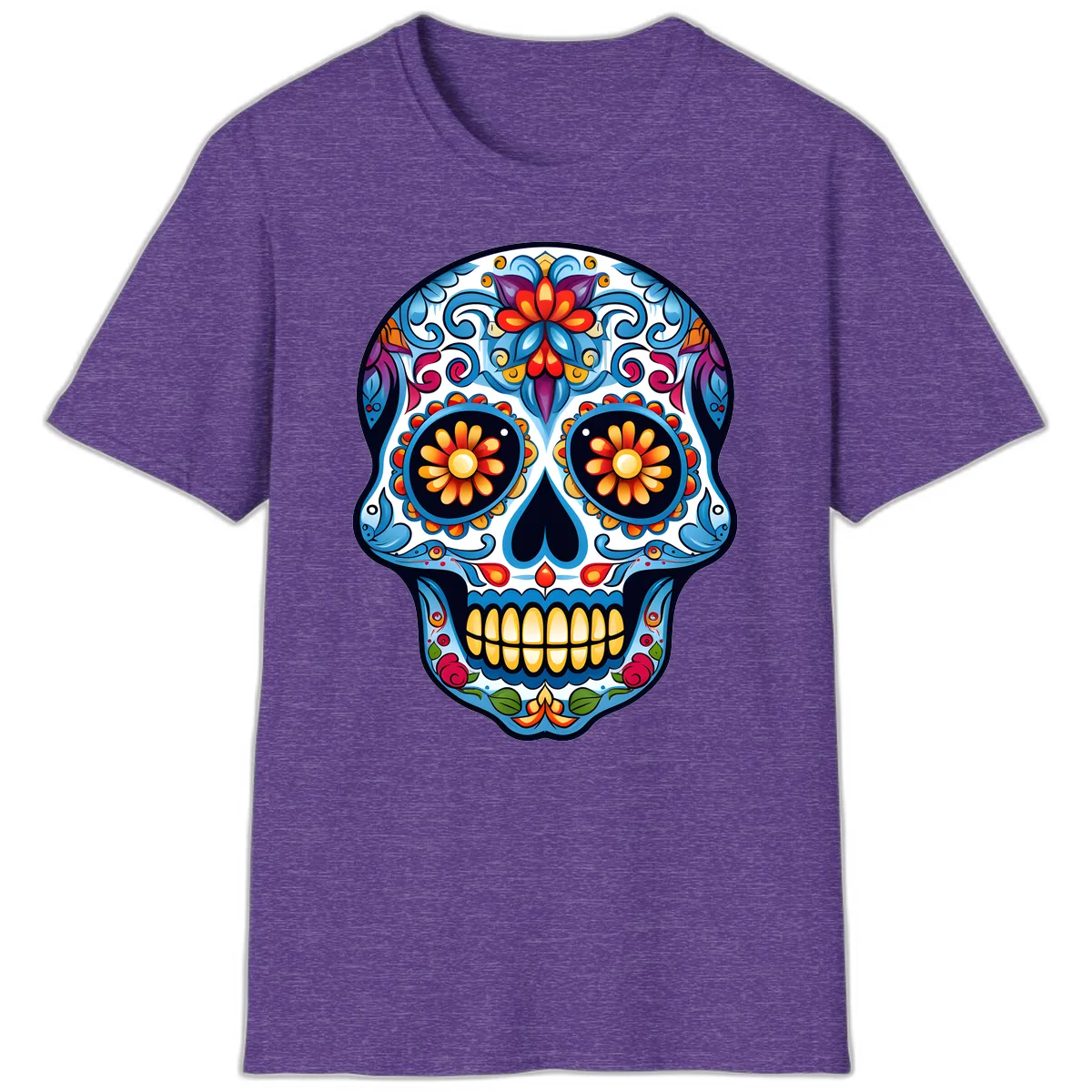 Vibrant Floral Calavera Sugar Skull T-Shirt in Heather Purple