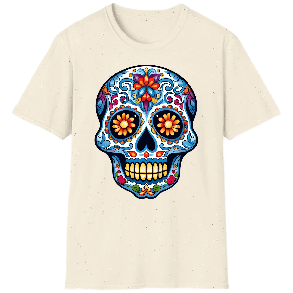 Vibrant Floral Calavera Sugar Skull T-Shirt in Natural