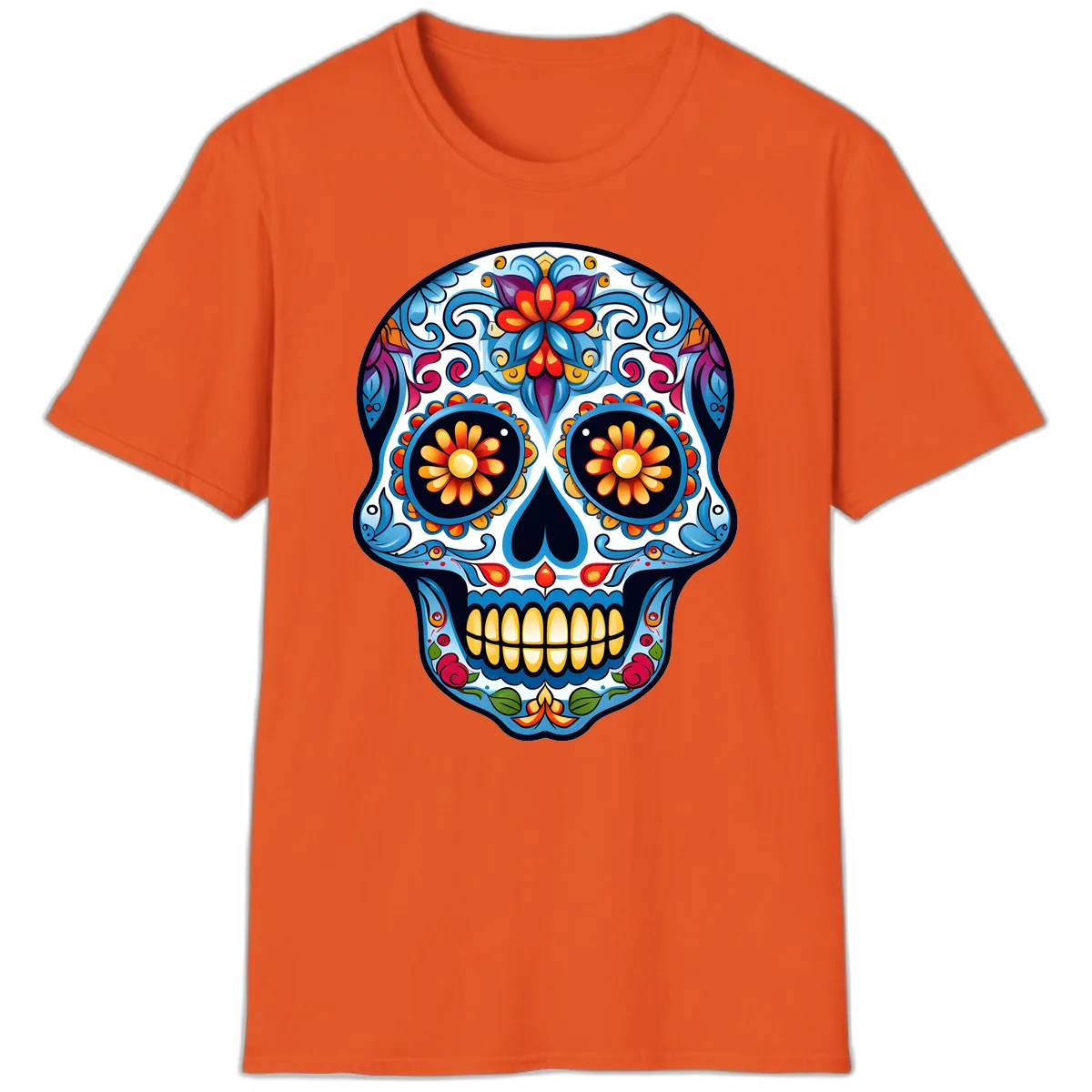 Vibrant Floral Calavera Sugar Skull T-Shirt in Orange