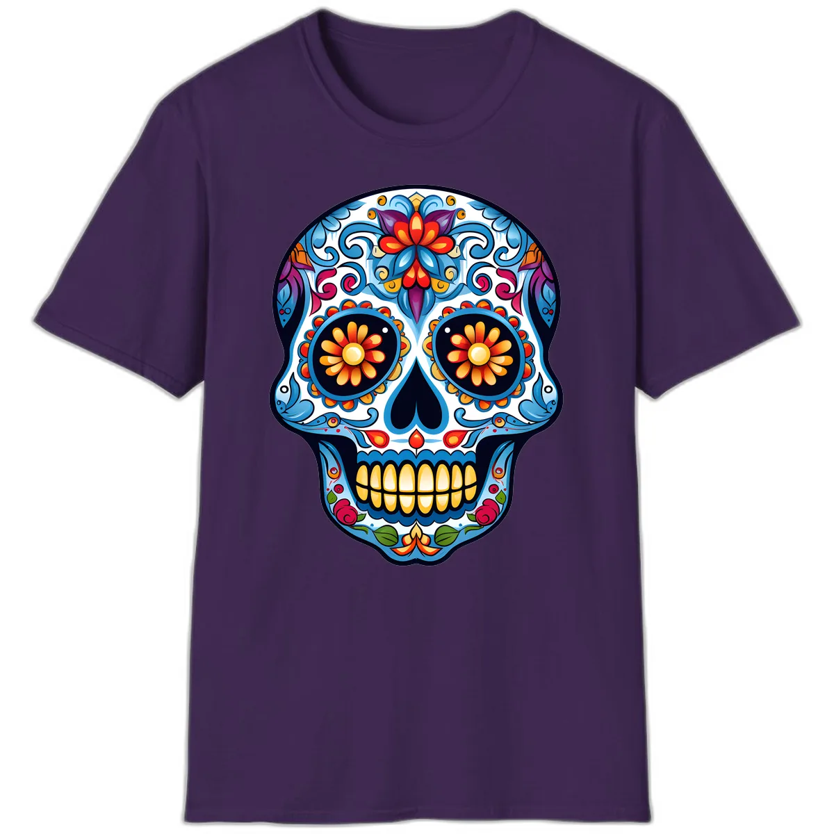 Vibrant Floral Calavera Sugar Skull T-Shirt in Purple