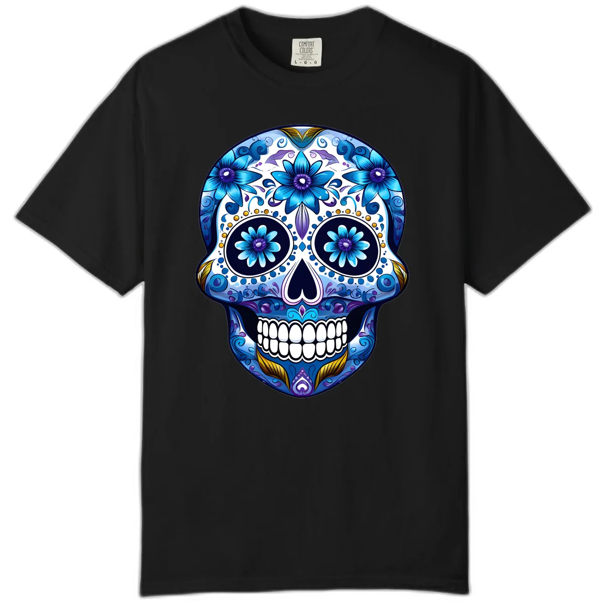 Vibrant Blue Floral Day of the Dead Calavera Comfort Color in Black