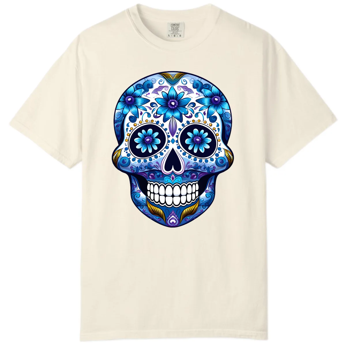 Vibrant Blue Floral Day of the Dead Calavera Comfort Color in Ivory
