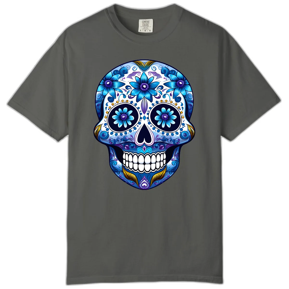 Vibrant Blue Floral Day of the Dead Calavera Comfort Color in Pepper