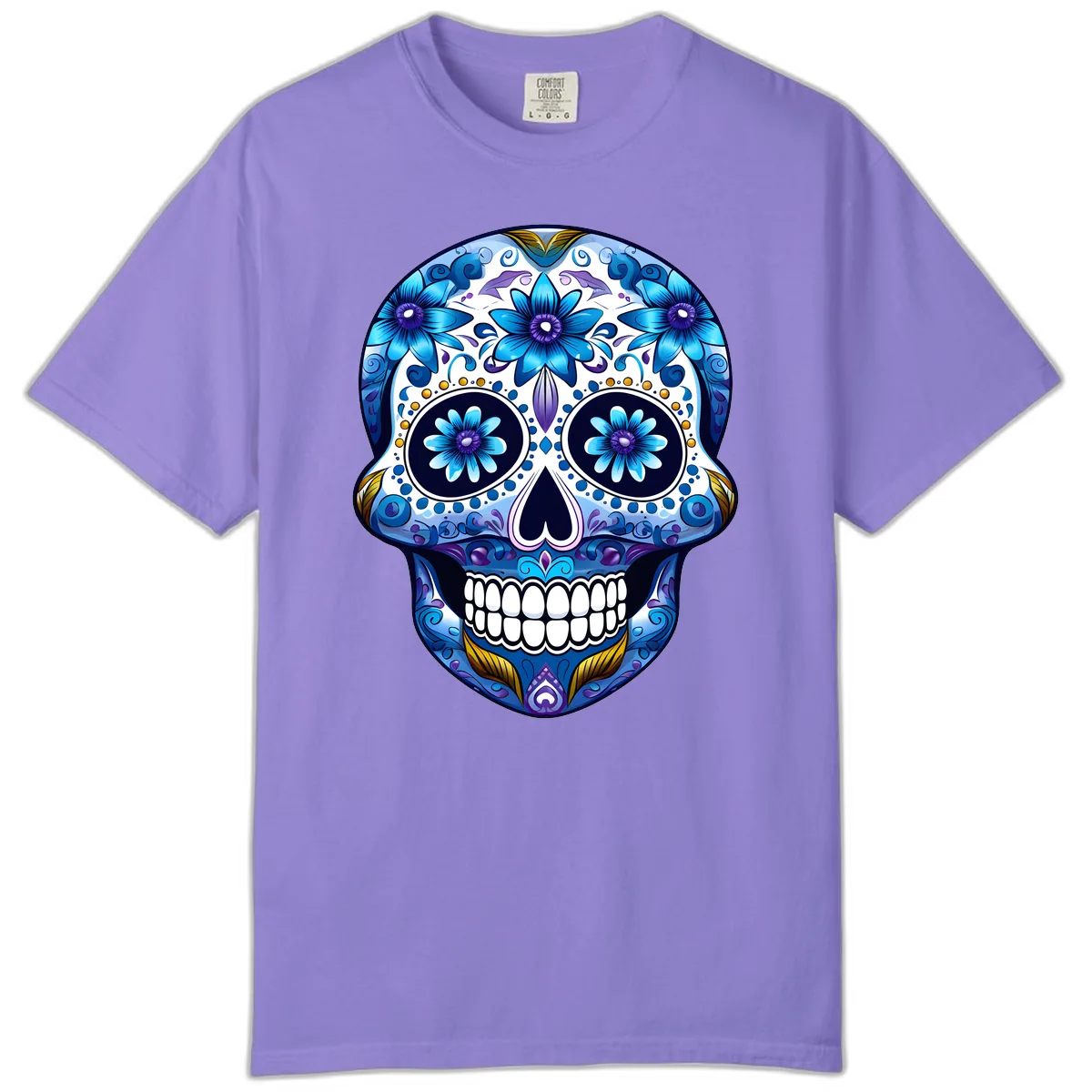 Vibrant Blue Floral Day of the Dead Calavera Comfort Color in Violet