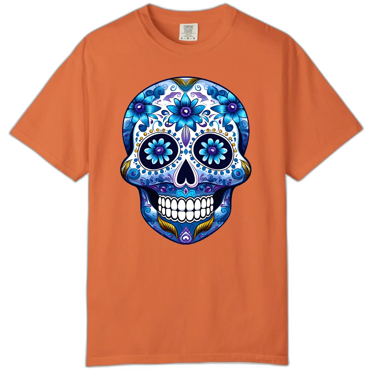 Vibrant Blue Floral Day of the Dead Calavera Comfort Color in Burnt Orange