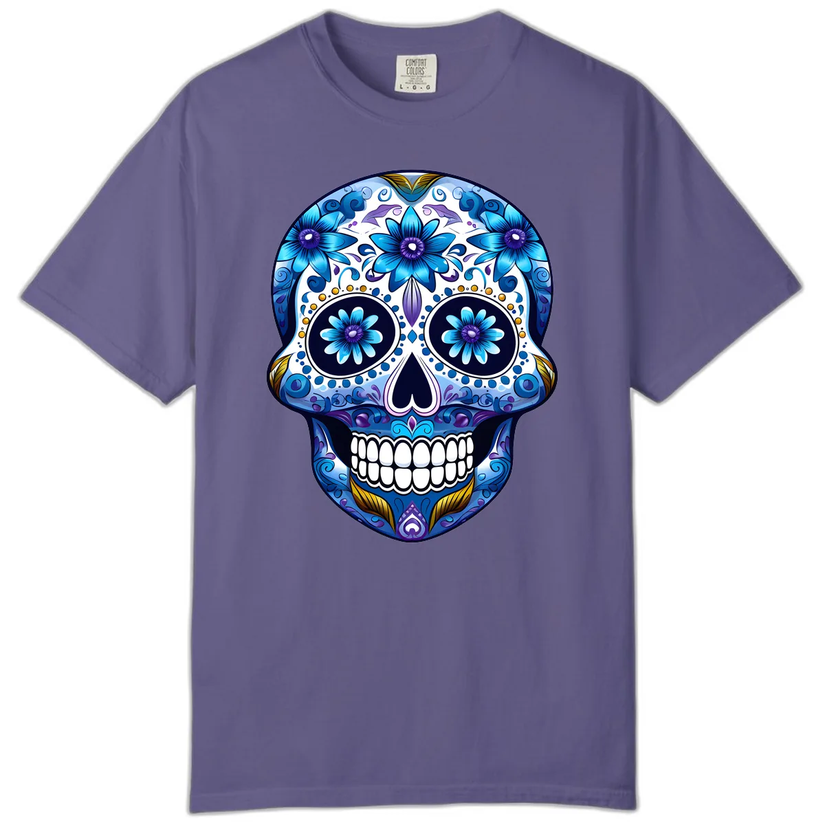 Vibrant Blue Floral Day of the Dead Calavera Comfort Color in Grape