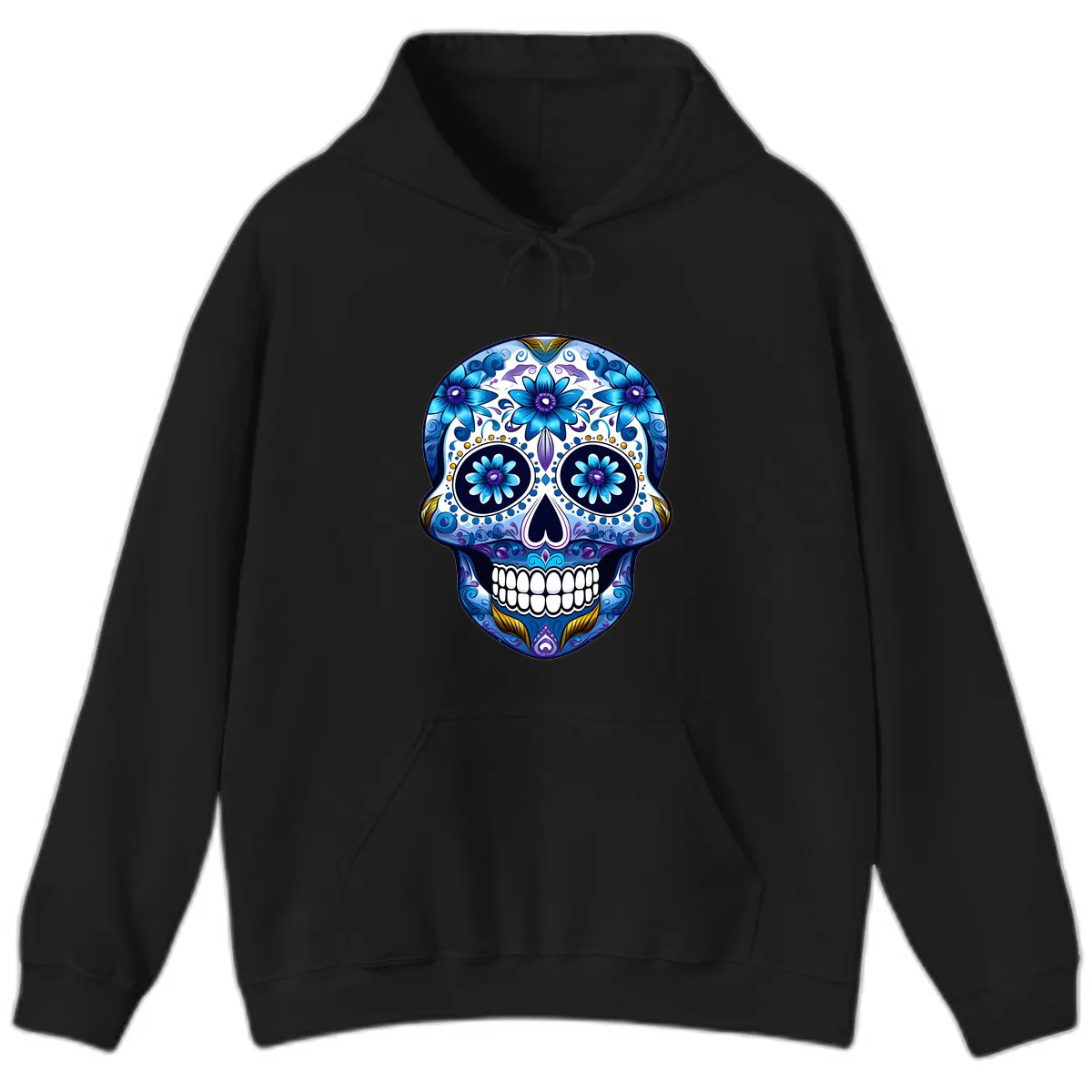 Vibrant Blue Floral Day of the Dead Calavera Hoodie in Black