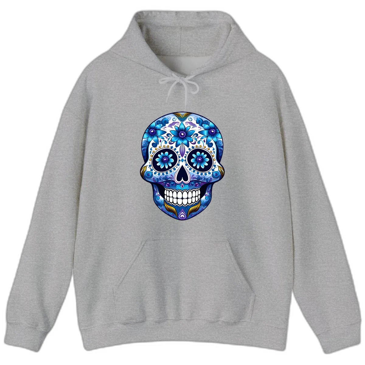 Vibrant Blue Floral Day of the Dead Calavera Hoodie in Sport Grey