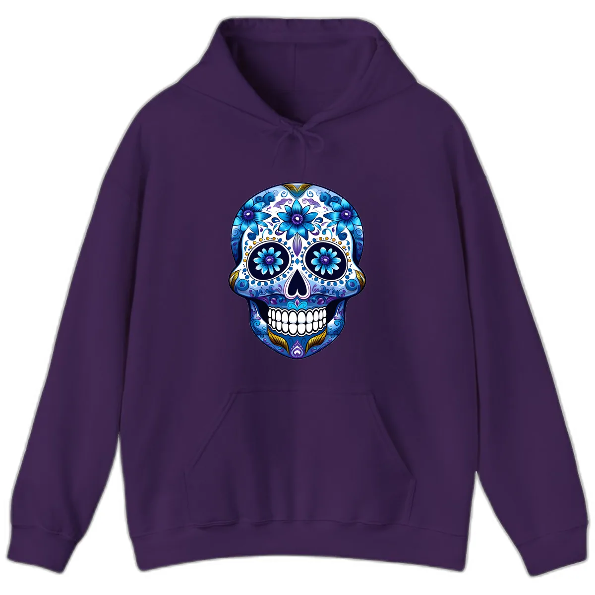 Vibrant Blue Floral Day of the Dead Calavera Hoodie in Purple