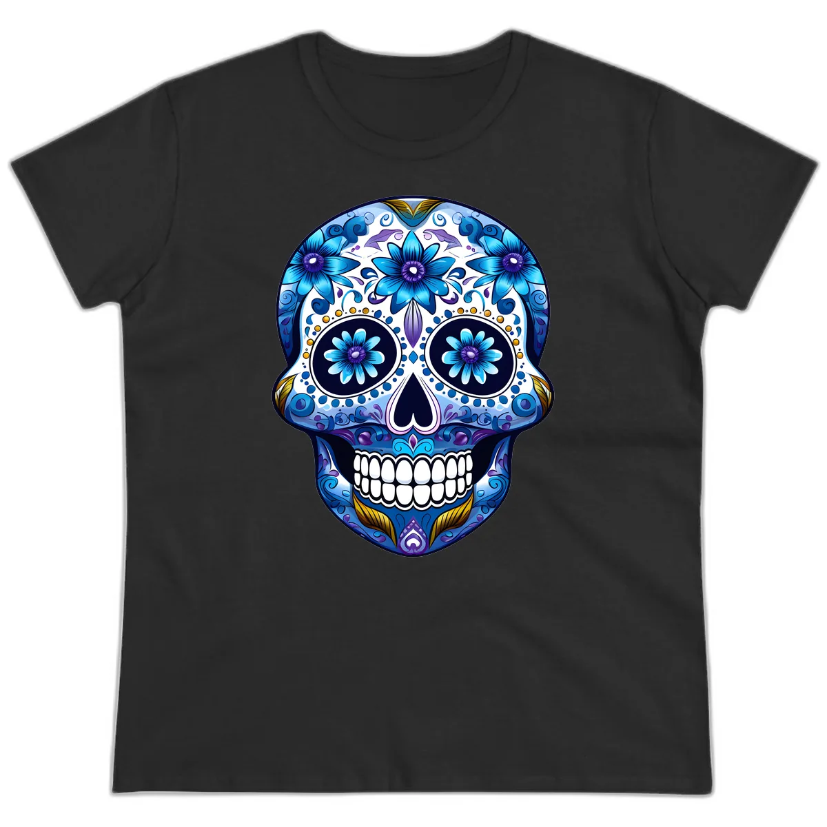 Vibrant Blue Floral Day of the Dead Calavera Ladies Tee in Black