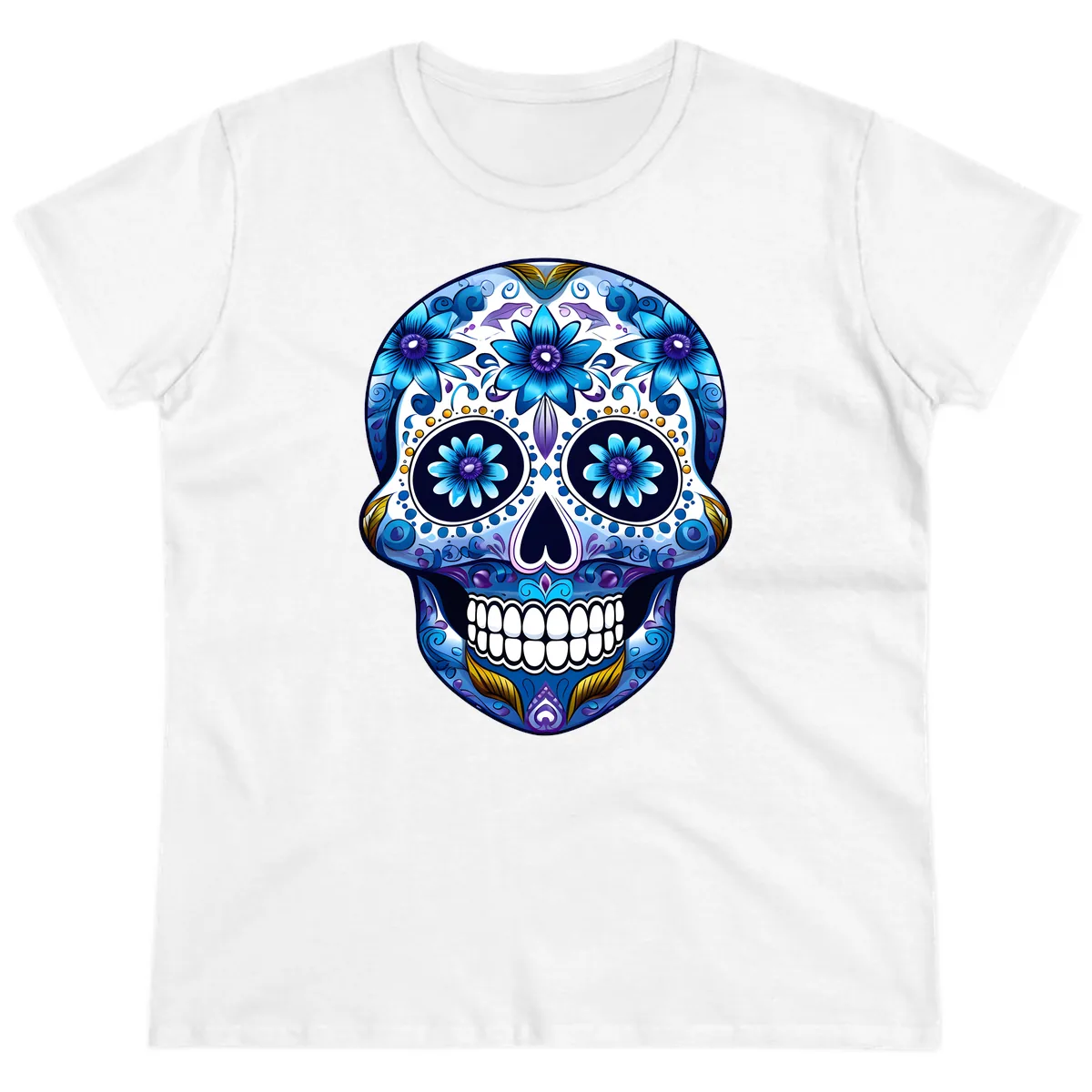 Vibrant Blue Floral Day of the Dead Calavera Ladies Tee in White