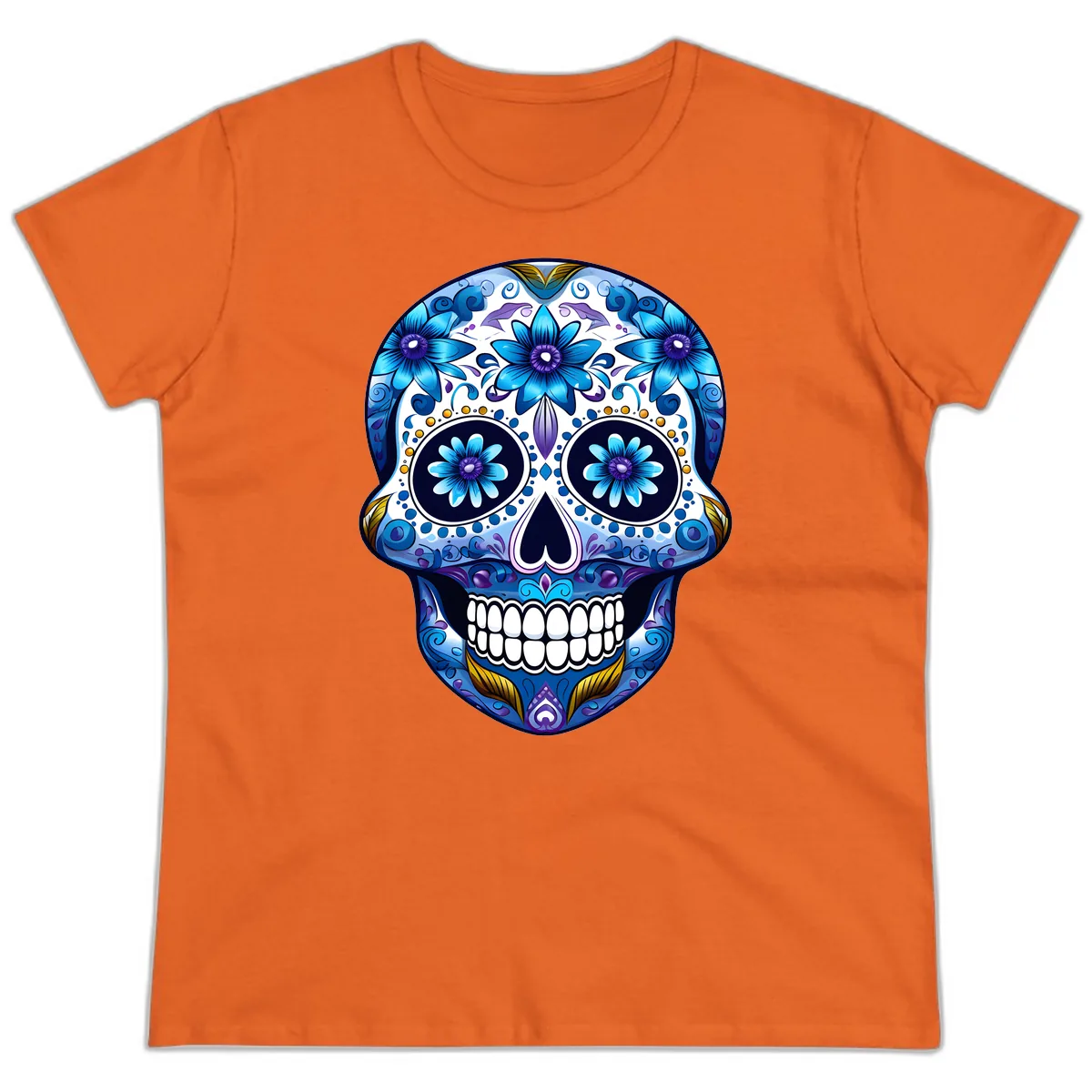 Vibrant Blue Floral Day of the Dead Calavera Ladies Tee in Orange