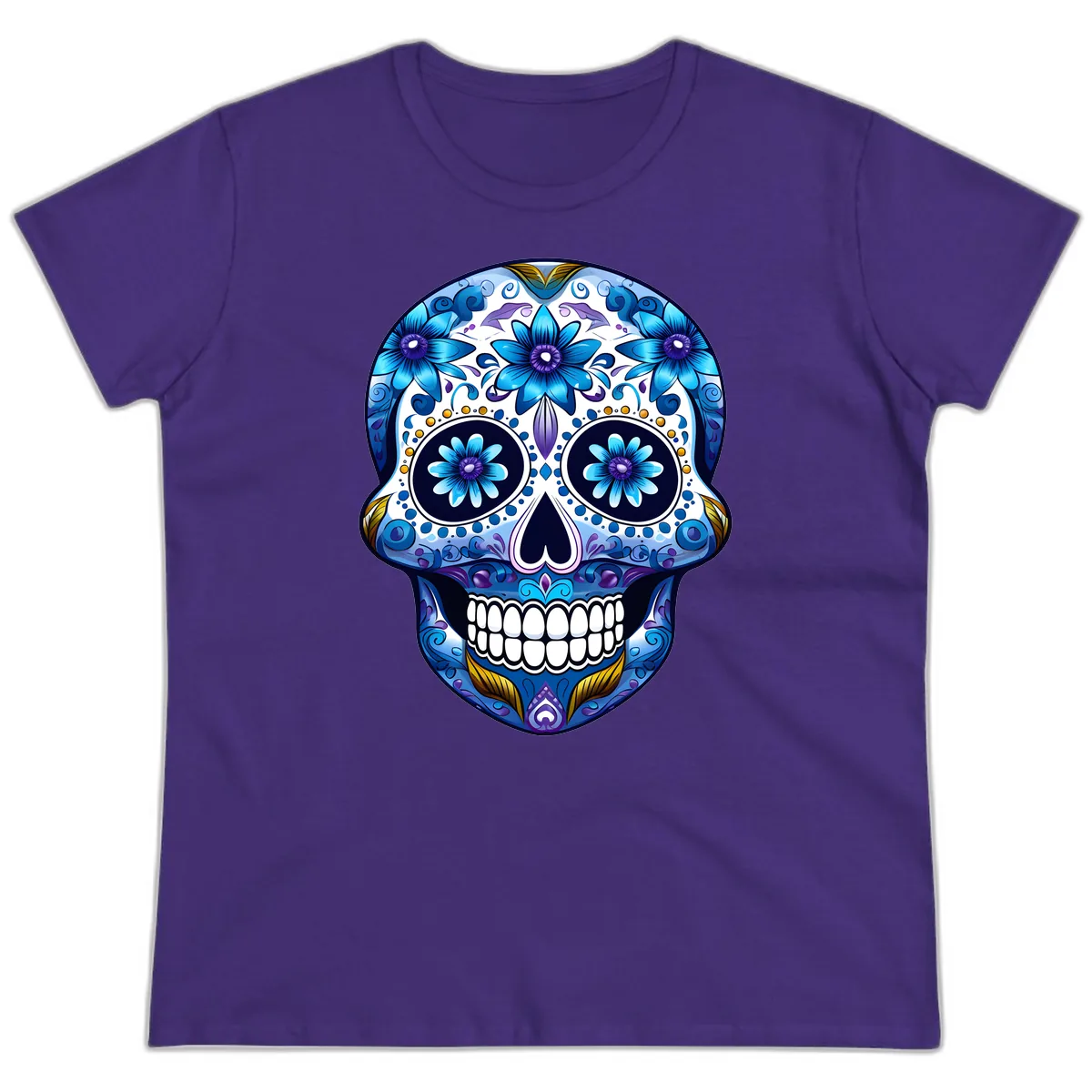 Vibrant Blue Floral Day of the Dead Calavera Ladies Tee in Purple