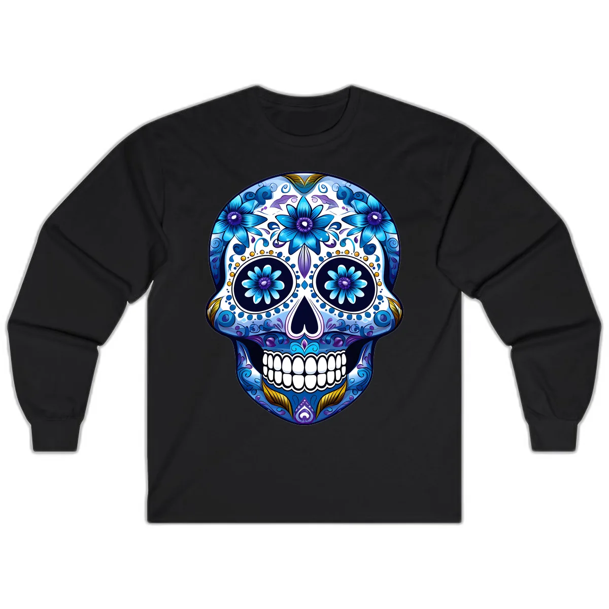 Vibrant Blue Floral Day of the Dead Calavera Long Sleeve in Black