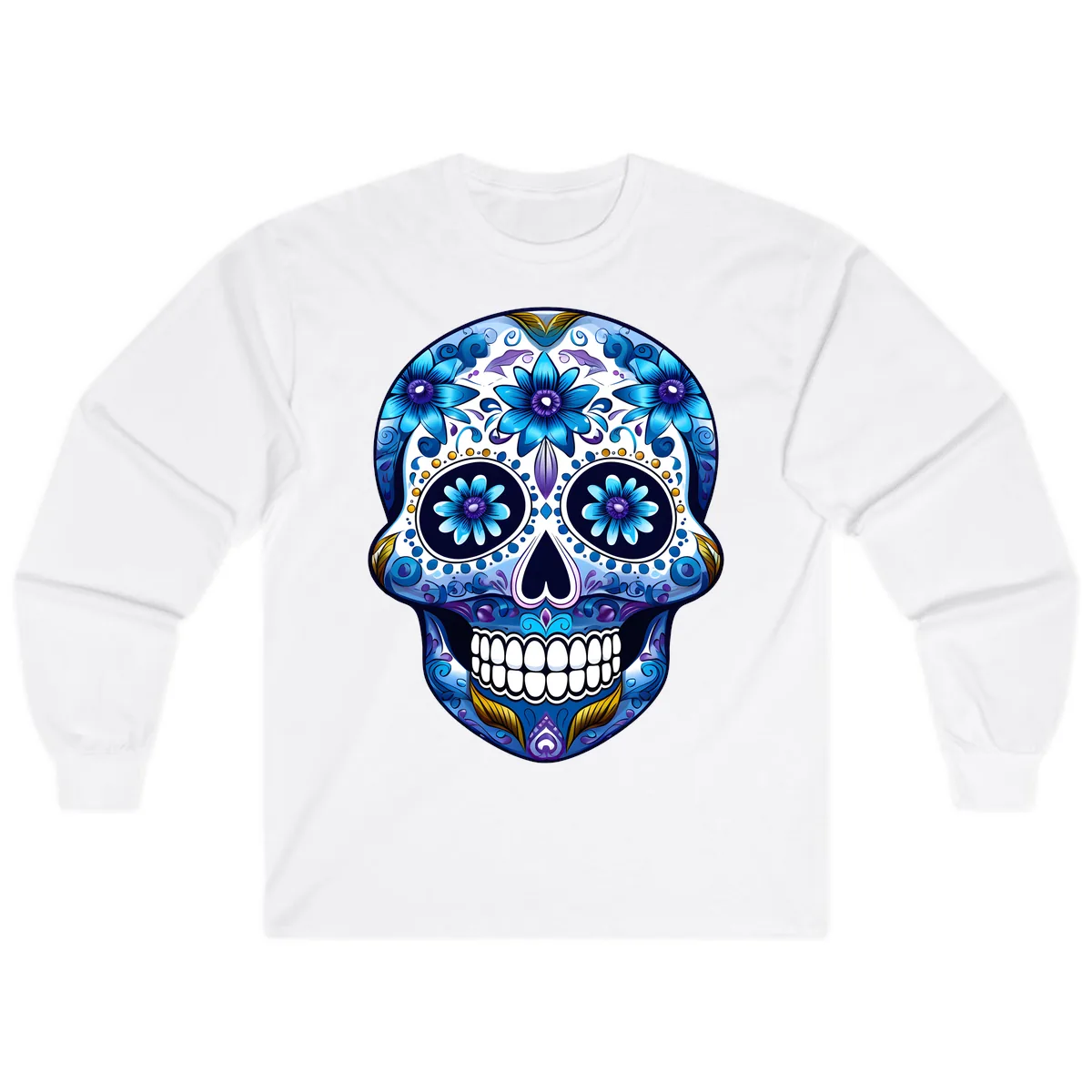 Vibrant Blue Floral Day of the Dead Calavera Long Sleeve in White