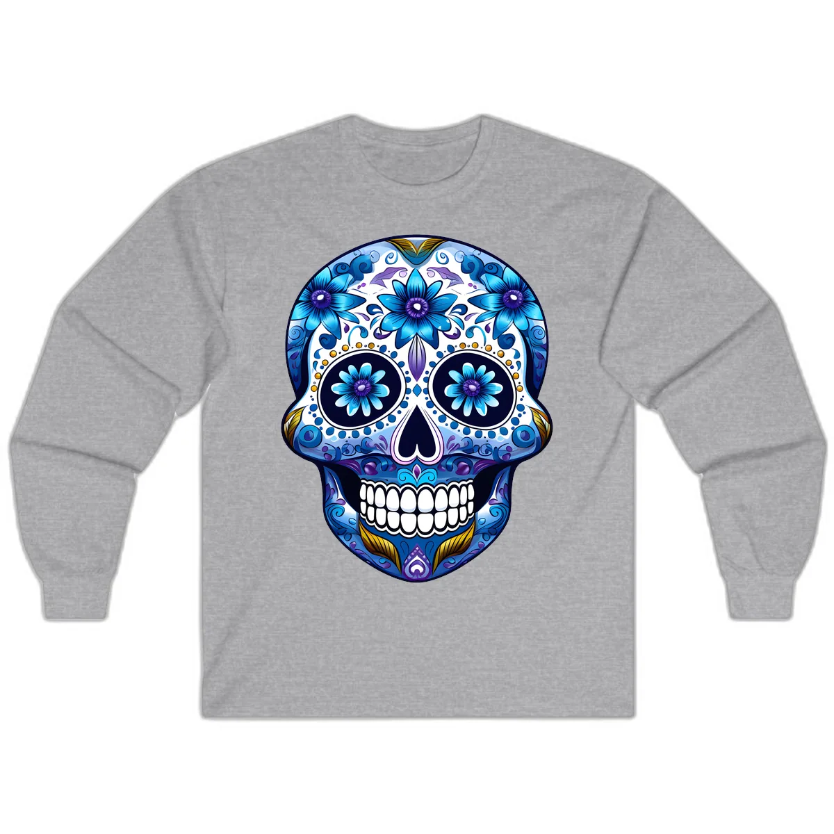 Vibrant Blue Floral Day of the Dead Calavera Long Sleeve in Sport Grey
