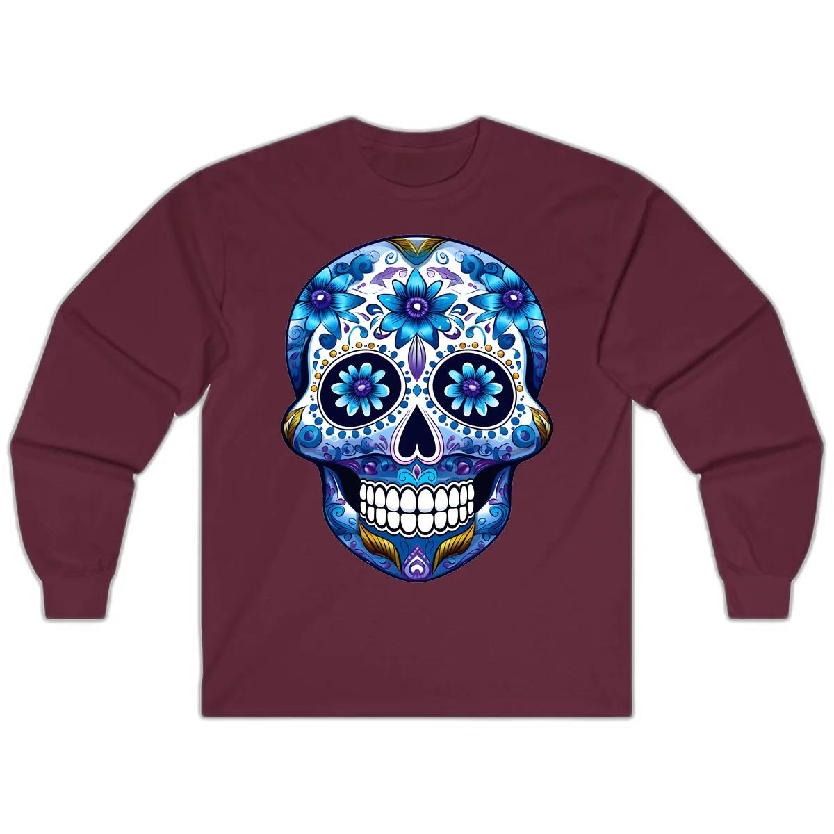 Vibrant Blue Floral Day of the Dead Calavera Long Sleeve in Maroon