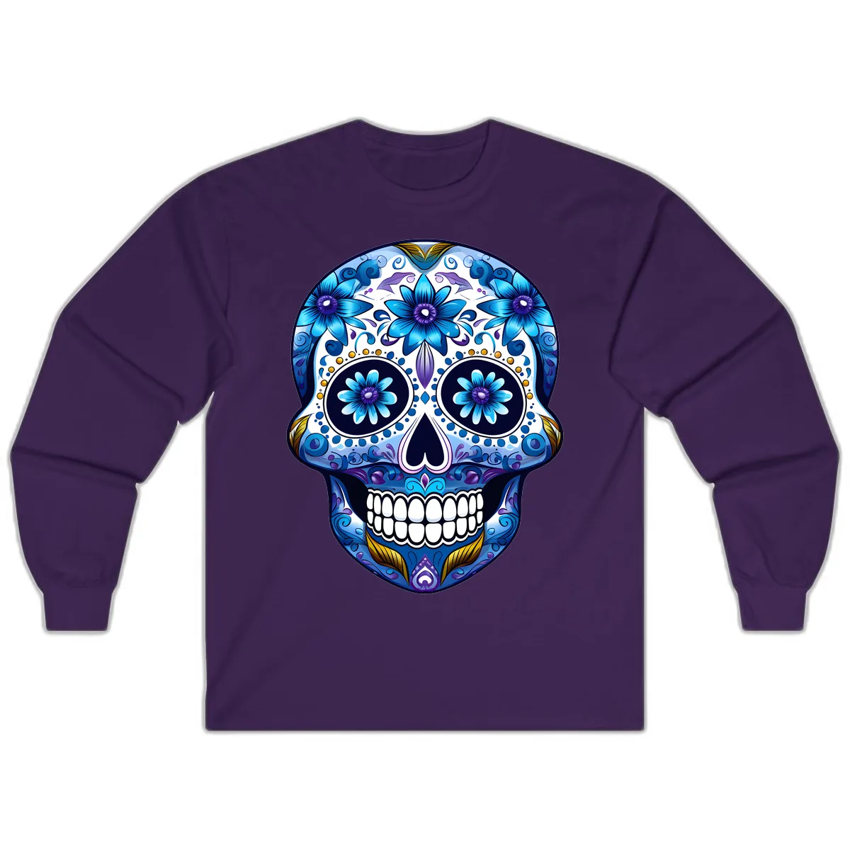 Vibrant Blue Floral Day of the Dead Calavera Long Sleeve in Purple