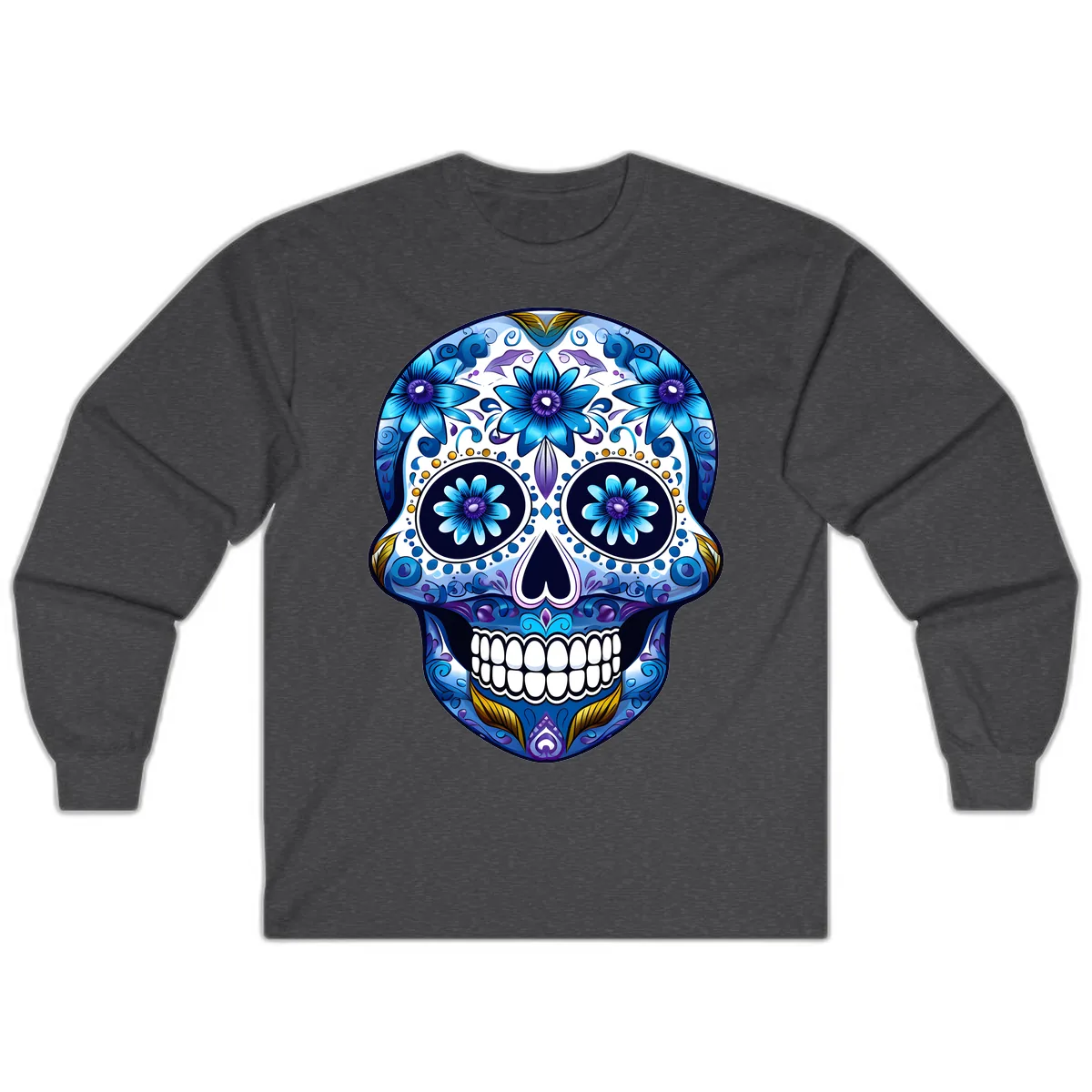 Vibrant Blue Floral Day of the Dead Calavera Long Sleeve in Dark Heather