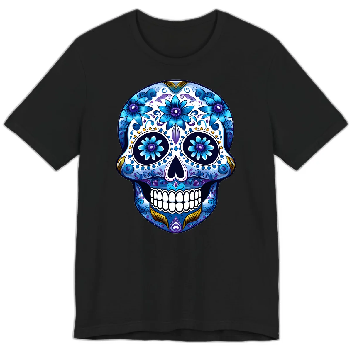 Vibrant Blue Floral Day of the Dead Calavera Premium T-Shirt in Black