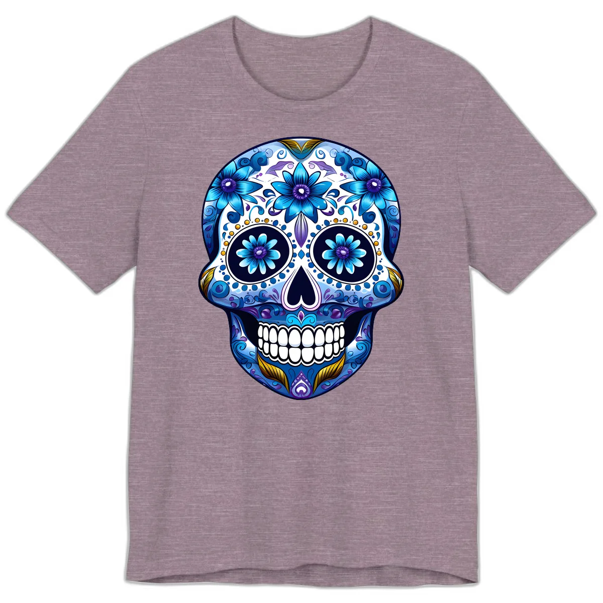 Vibrant Blue Floral Day of the Dead Calavera Premium T-Shirt in Heather Purple