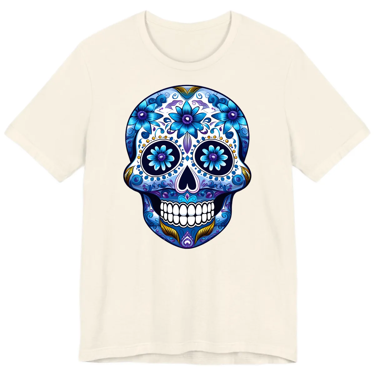 Vibrant Blue Floral Day of the Dead Calavera Premium T-Shirt in Natural