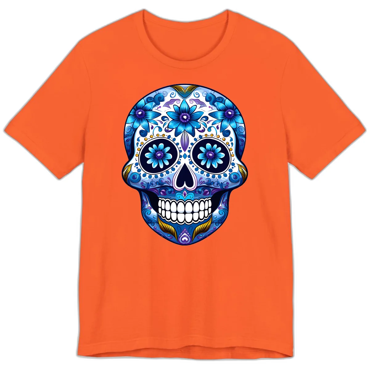 Vibrant Blue Floral Day of the Dead Calavera Premium T-Shirt in Orange