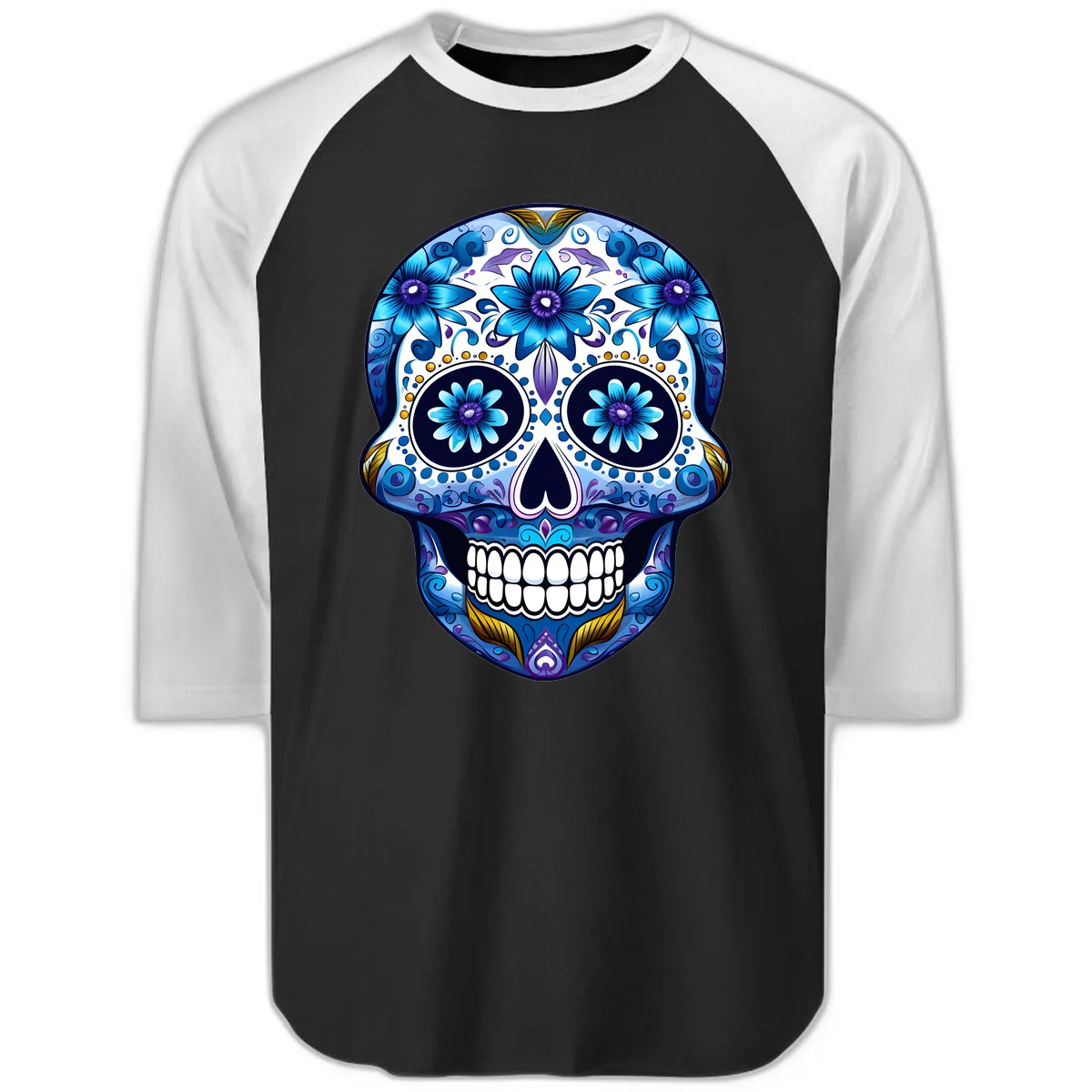 Vibrant Blue Floral Day of the Dead Calavera Raglan 3/4 in Black White