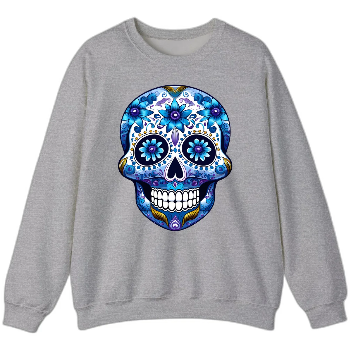 Vibrant Blue Floral Day of the Dead Calavera Sweatshirt in Sport Grey