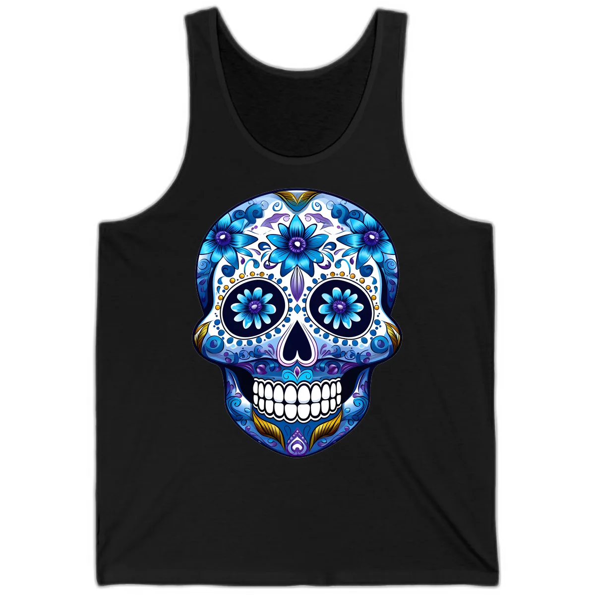 Vibrant Blue Floral Day of the Dead Calavera Tank in Black